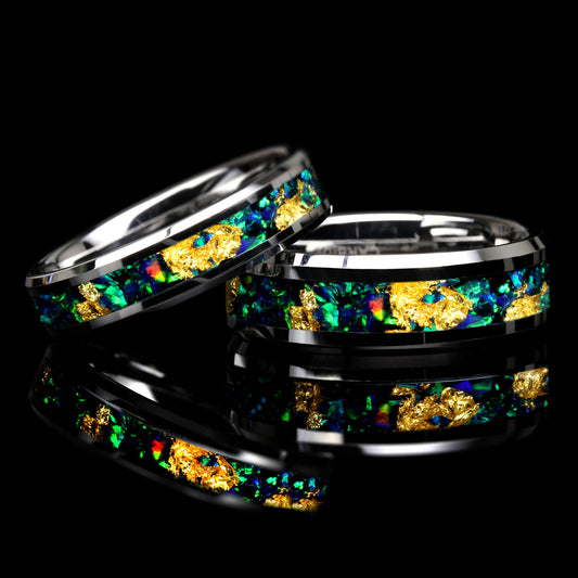 Emerald Green Fire Opal Wedding Band Ring Set, 24K Pure Gold Leaf Ring, 8mm/6mm His And Hers Tungsten Wedding Band Set, Promise Gift