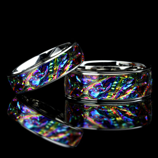 His Or Hers Wedding Band, Fire Burl Dichrolam Inlay Titanium Ring For Men & Women, 8mm/ 6mm,Promise Ring For Couple