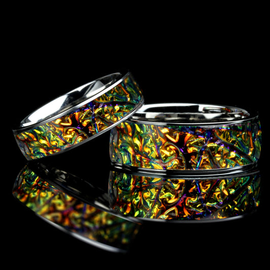 His And Hers Wedding Band Set, Red Fire Burl Dichrolam Inlay Titanium Ring For Men & Women, 8mm 6mm,Promise Ring For Couple