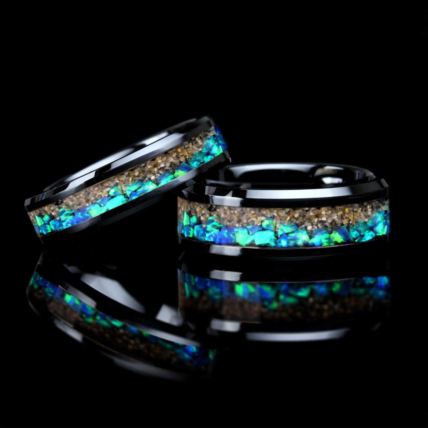 His & Hers Your Sand And Blue Fire Opal Inlay Black Ceramic Wedding Band Set, 8mm6mm Engagement Ring Set, Honeymoon Gift, Anniversary Gift