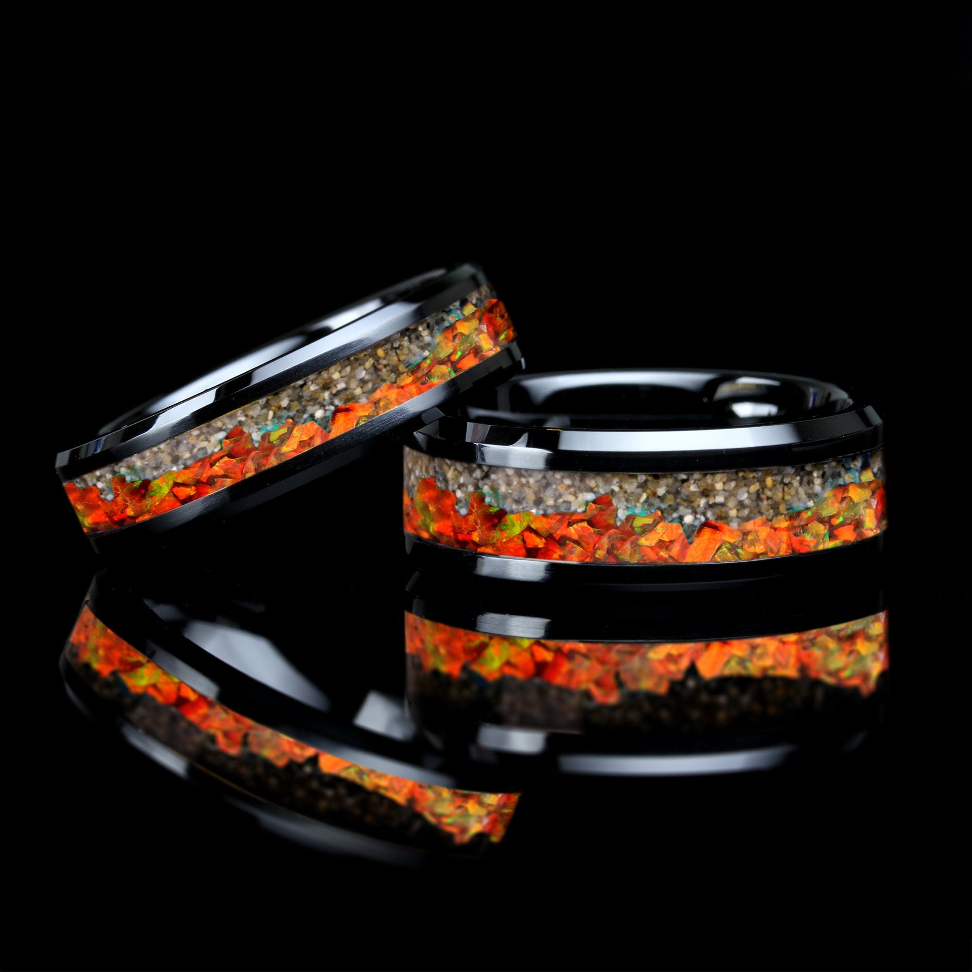 His & Hers Your Sand And Orange Fire Opal Inlay Black Ceramic