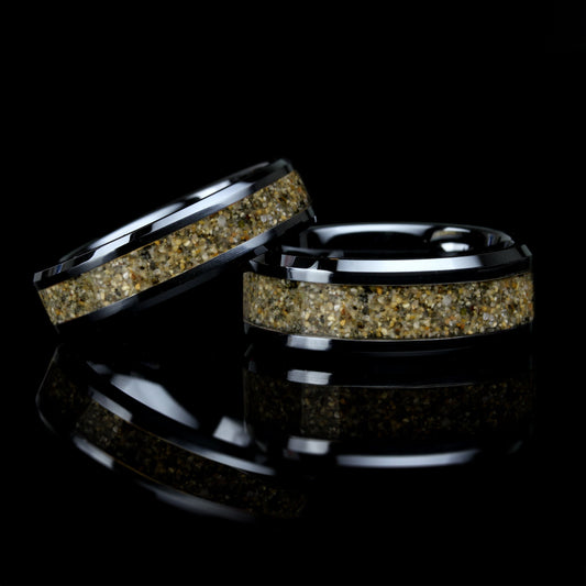 His Or Hers Your Sand Inlay Black Ceramic Wedding Band, 8mm/6mm Engagement Ring With Your Own Beach Sand, Honeymoon Gift, Anniversary Gift
