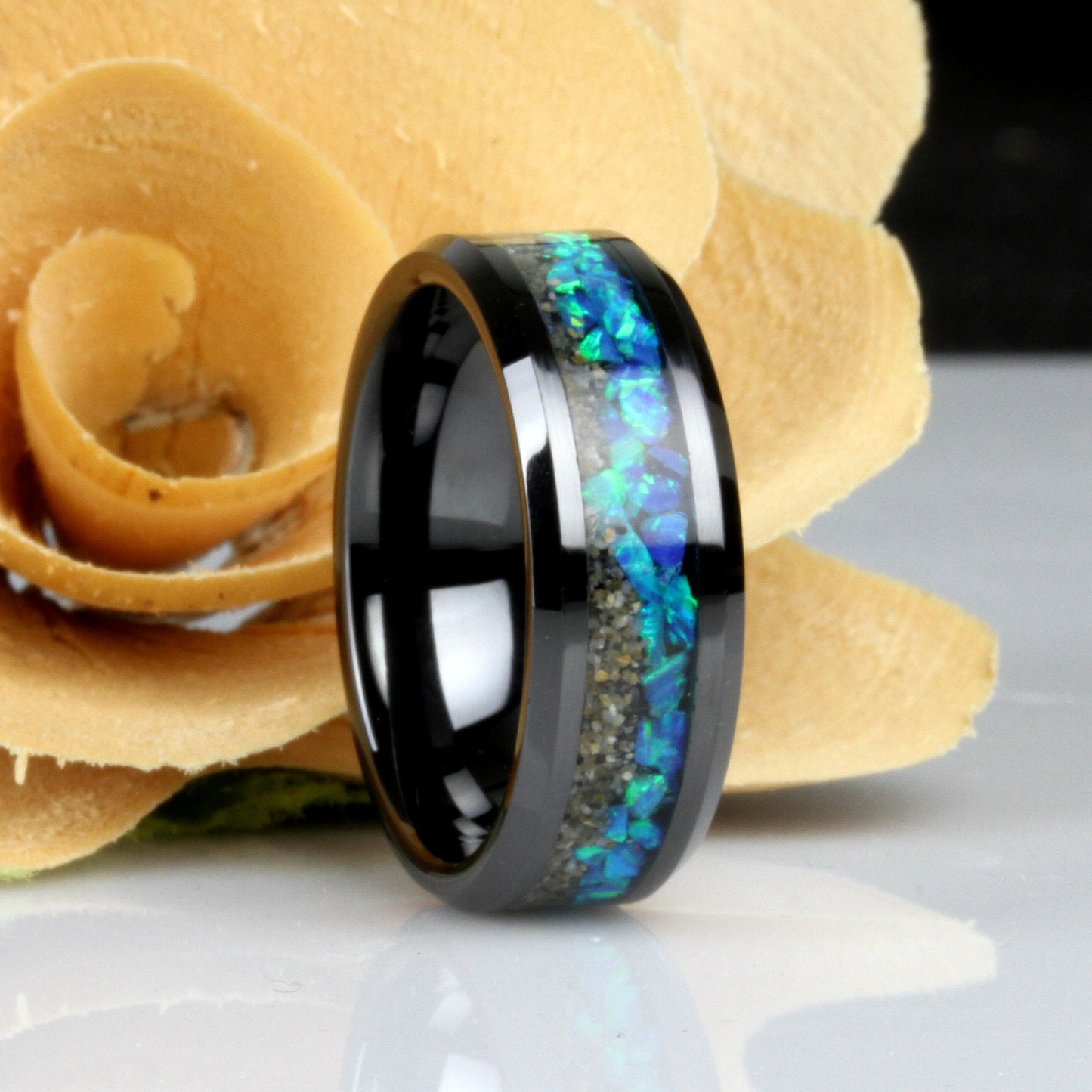 His Or Hers Your Sand Blue Fire Opal Inlay Black Ceramic Wedding Band, 8mm/6mm Engagement Ring Your Sand, Honeymoon Gift, Anniversary Gift