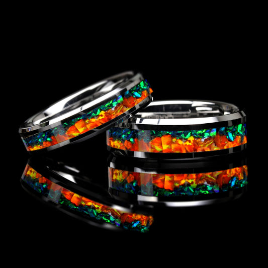 His Or Hers Tungsten Wedding Band, Orange & Green Fire Opal Inlay Tungsten Ring 8mm/6mm, Promise Ring For Couple, Anniversary Gift