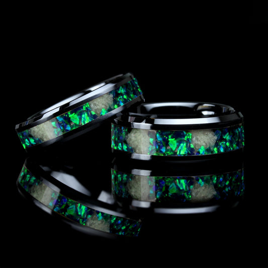 His And Hers Emerald Green Fire Opal Wedding Band Set, Glow Stone Inlay Black Ceramic Ring For Men & Women, 8mm 6mm, Promise Ring Gift