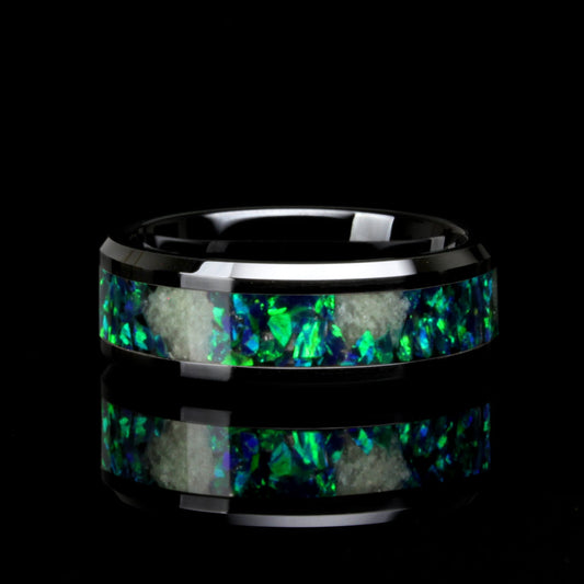 His And Hers Emerald Green Fire Opal Wedding Band Set, Glow Stone Inlay Black Ceramic Ring For Men & Women, 8mm 6mm, Promise Ring Gift