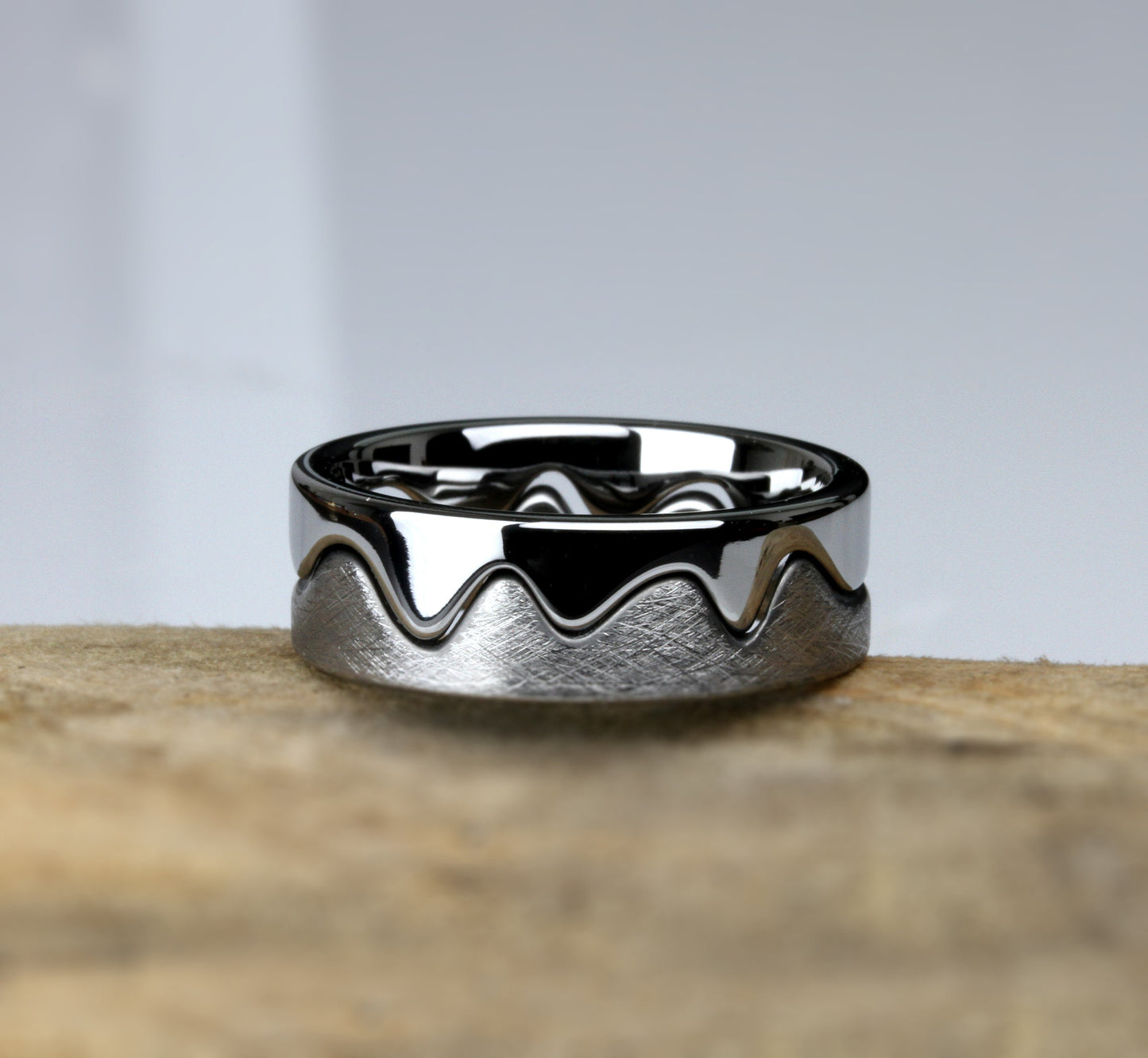 Tungsten Mountain Range Ring, Hand Brushed Mountain Wedding Band, Mountain Two In One Puzzle Band Ring, Hard Brushed Tungsten Wedding Band