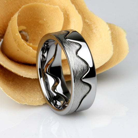 Tungsten Mountain Range Ring, Hand Brushed Mountain Wedding Band, Mountain Two In One Puzzle Band Ring, Hard Brushed Tungsten Wedding Band