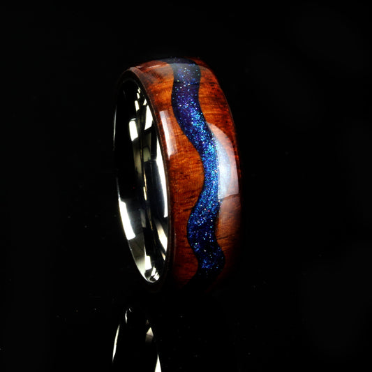 Wood Wedding Band His Or Hers, Night Blue Sky Meteorite Rain 8mm/6mm, River Pattern Natural Solid Wood Ring, His And Hers Wedding Ring