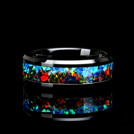 His And Hers Wedding Band Set, Black & Blue Fire Opal Inlay Black Ceramic Ring 8mm6mm, Promise Ring For Couple, Anniversary Gift