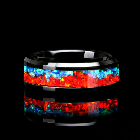 His Or Hers Wedding Band, Red & Blue Fire Opal Inlay Black Ceramic Ring 8mm/6mm, Promise Ring For Couple, Anniversary Gift