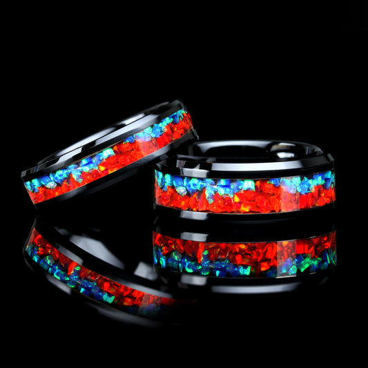 His And Hers Wedding Band Set, Red & Blue Fire Opal Inlay Black Ceramic Ring 8mm6mm, Promise Ring For Couple, Anniversary Gift