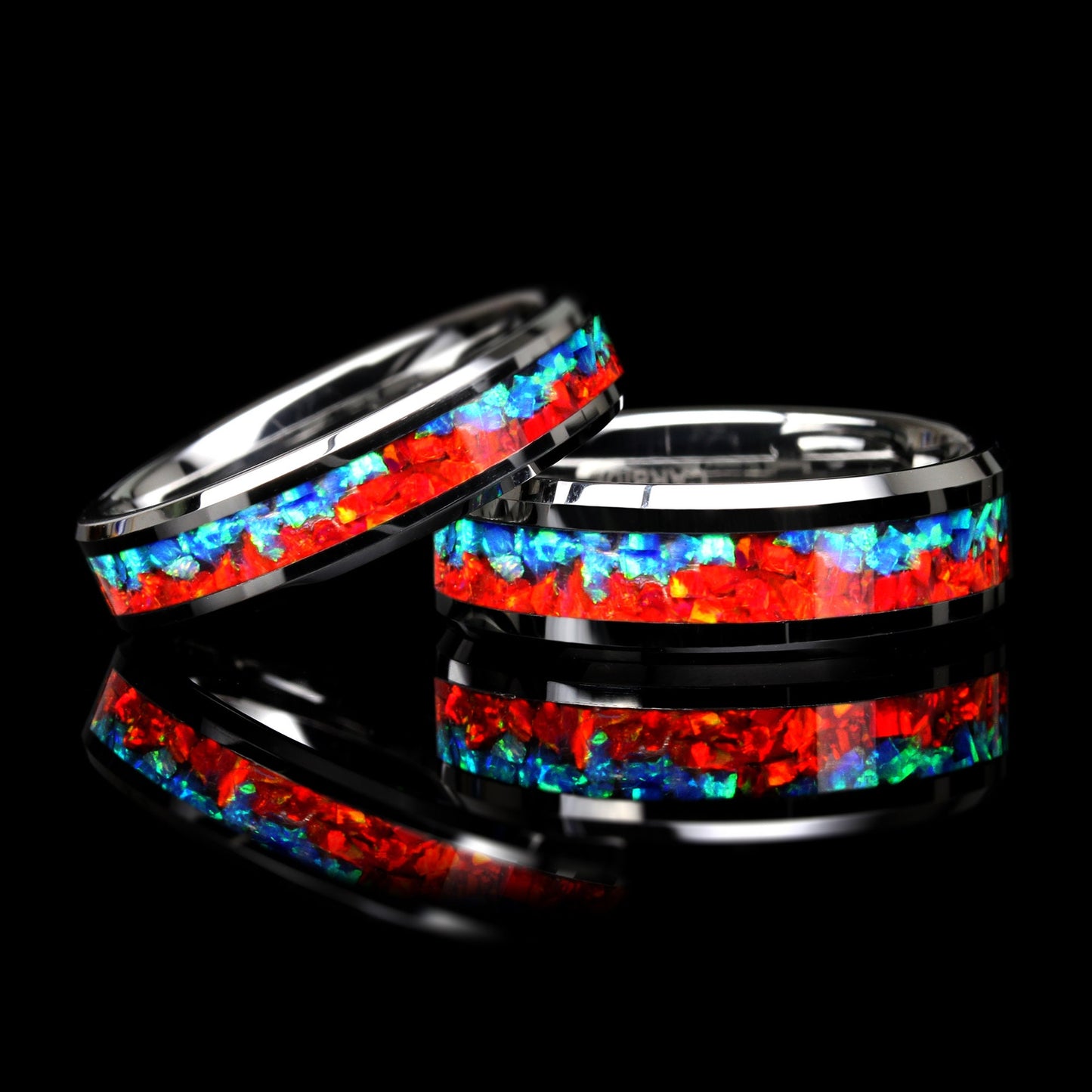 His Or Hers Tungsten Wedding Band, Red & Blue Fire Opal Inlay Tungsten Ring 8mm/6mm, Promise Ring For Couple, Anniversary Gift