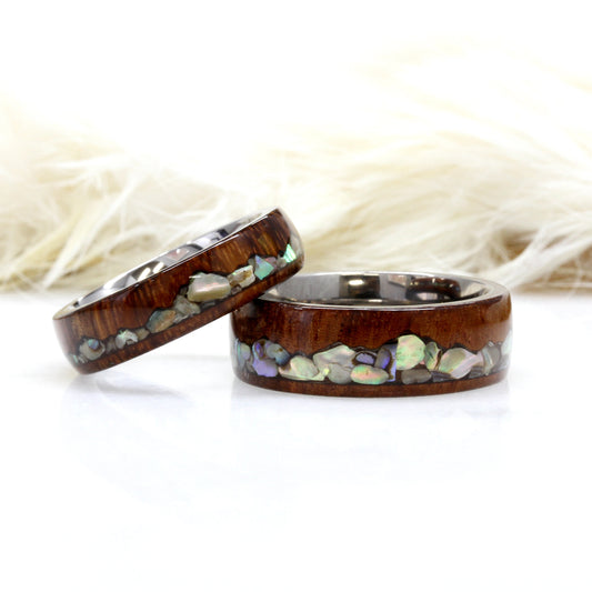 Wood Wedding Band Ring His Or Hers, Colorful Abalone Shell Inlaid 8mm/6mm, River Pattern Natural Solid Wood Ring, His Or Hers Wedding Ring