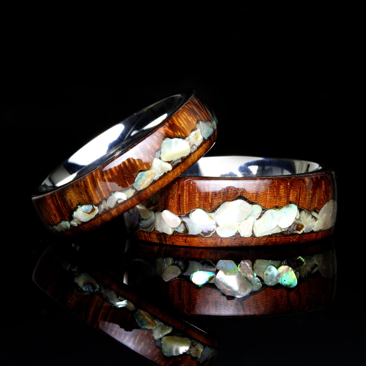 Abalone Shell Inlaid Wood Wedding Band Set His And Hers, Colorful Shell In Mountain Line Natural Solid Wood Ring, His And Hers Ring Set