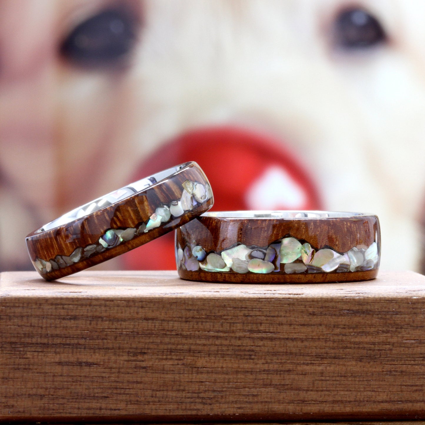 Abalone Shell Inlaid Wood Wedding Band Set His And Hers, Colorful Shell In Mountain Line Natural Solid Wood Ring, His And Hers Ring Set