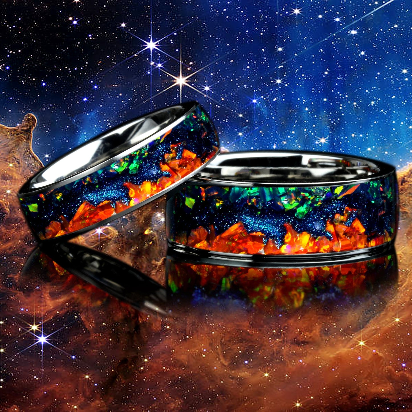 Carina Nebula Galaxy Ring, His & Hers Fire Opal Wedding Band Set 8mm 6mm, Orange Opal Emerald Opal Night Sky Starry Opal Ring, Cosmic Ring