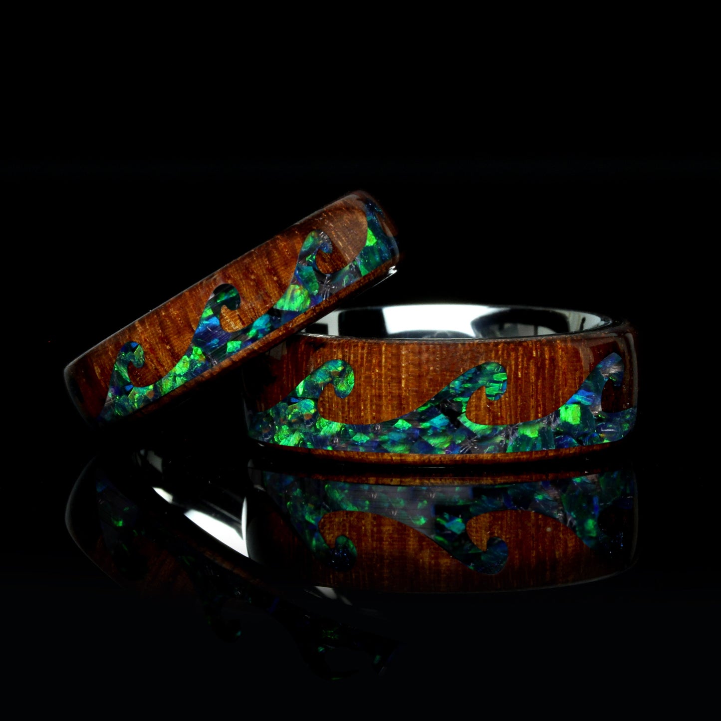 Fire Opal Wedding Band His And Hers, Emerald Green Opal Inlay 8mm/6mm, Wave Pattern Natural Solid Wood Ring, His And Hers Wave Wedding Ring