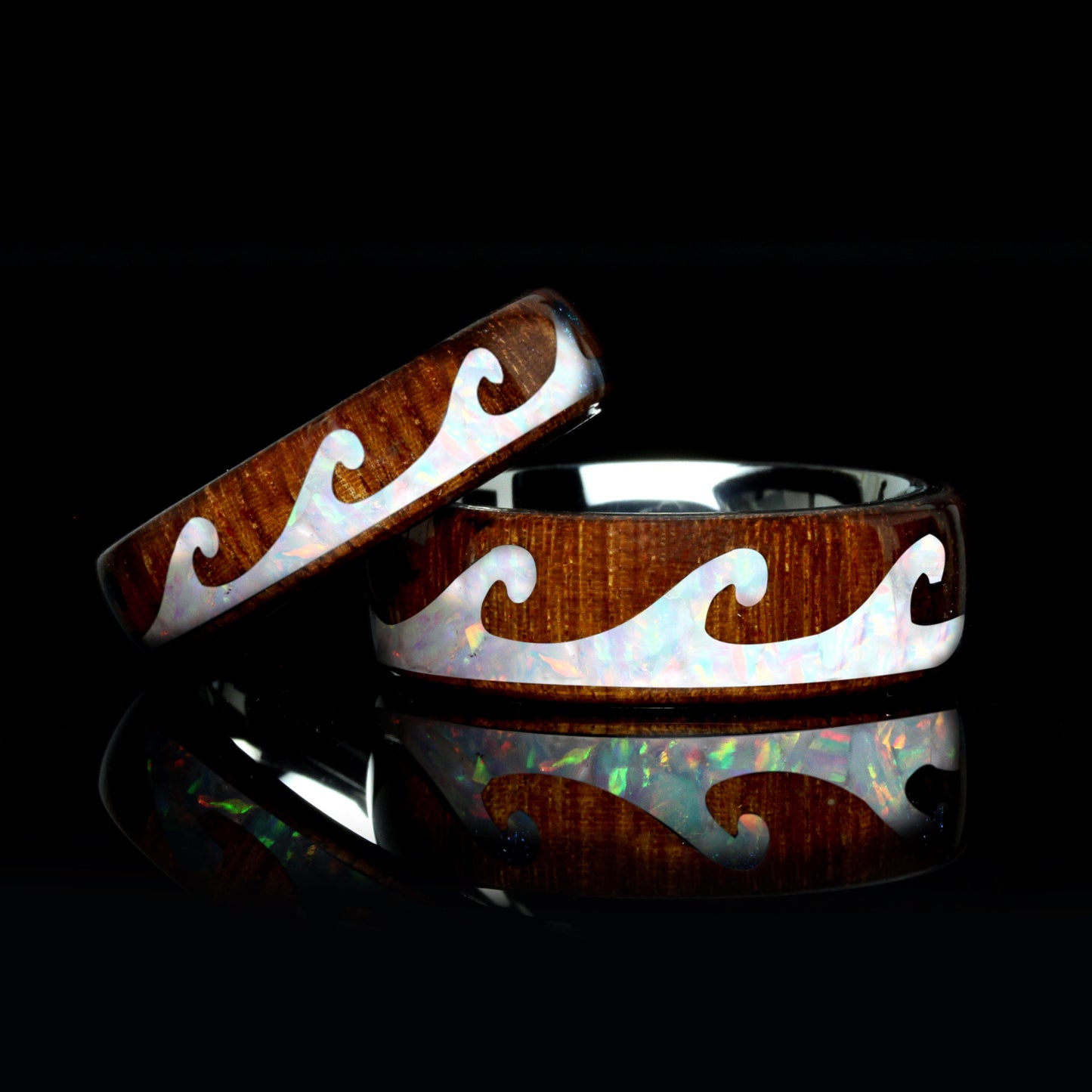 Fire Opal Wedding Band Set His And Hers, White Fire Opal Inlay, Wave Pattern Natural Solid Wood Ring, His And Hers Wedding Ring Set