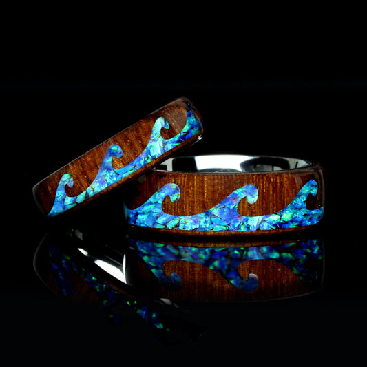 Fire Opal Wedding Band Set His And Hers, Blue Fire Opal Inlay, Wave Pattern Natural Solid Wood Ring, His And Hers Wedding Ring Set