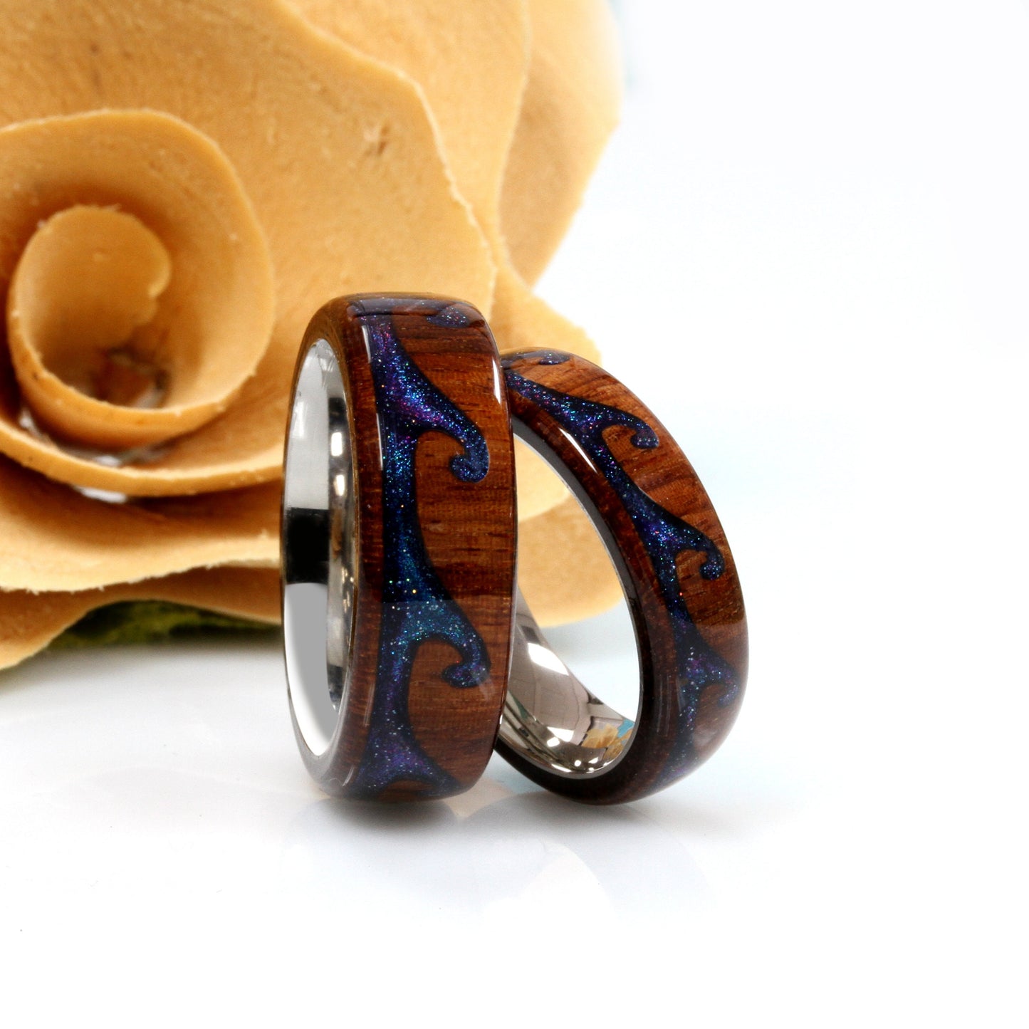 Wood Wedding Band His Or Hers, Night Blue Sky Meteorite Rain 8mm/6mm, Wave Pattern Natural Solid Wood Ring, His And Hers Wave Wedding Ring