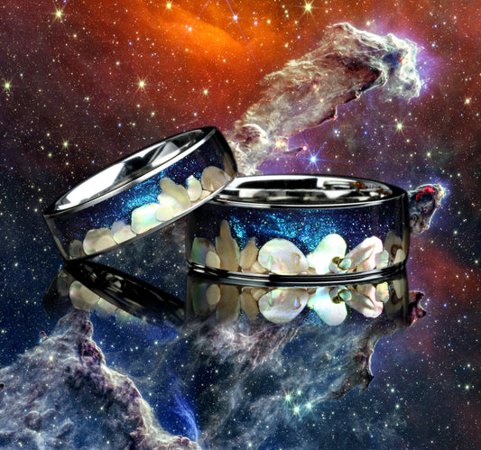 Eagle Nebula Galaxy Ring, His & Hers Wedding Band Set 8mm 6mm, Avalon Shell Inlay, Mountain Pattern Night Sky Starry Ring, Cosmic Ring