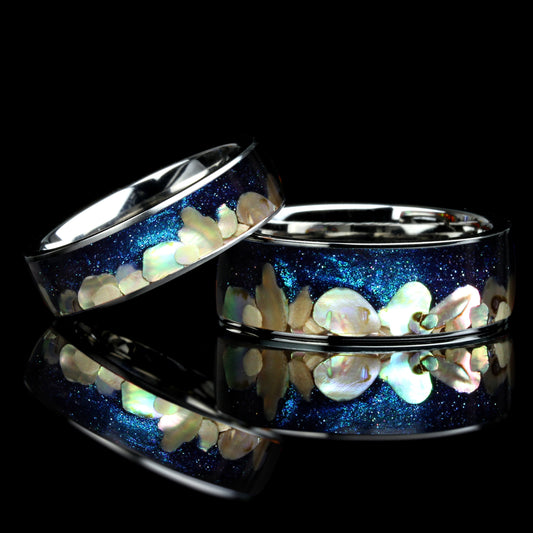 Eagle Nebula Galaxy Ring, His Or Hers Wedding Band 8mm/6mm, Avalon Shell Inlay, Mountain Pattern Night Sky Starry Ring, Cosmic Ring