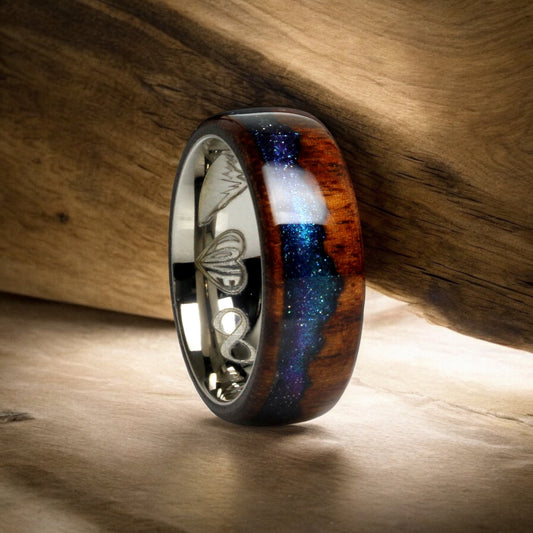 Wood Wedding Band His Or Hers, Night Blue Sky Meteorite Rain 8mm/6mm, Mountain Pattern Natural Solid Wood Ring, His And Hers Wedding Ring