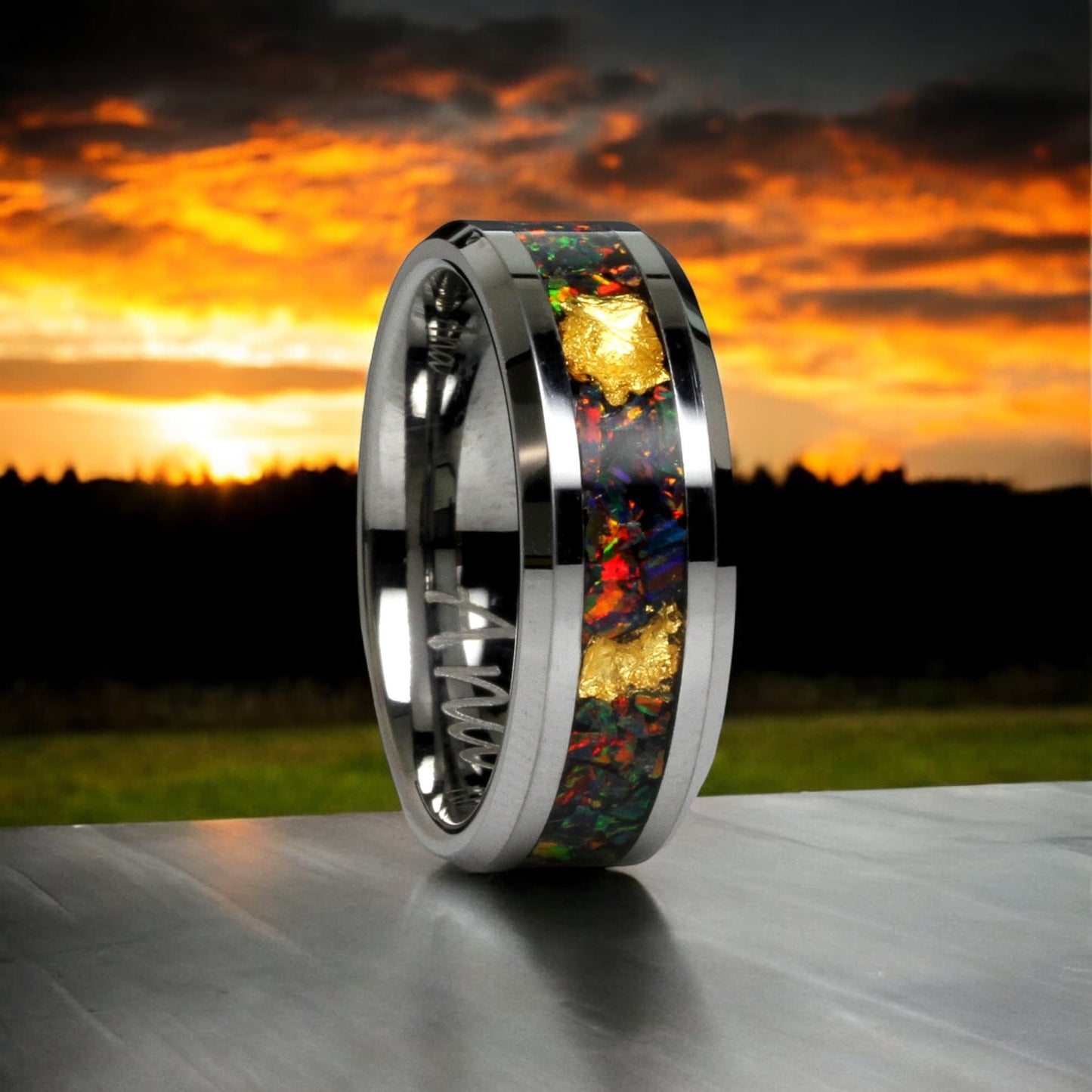 Crushed Black Fire Opal Wedding Band, 24K Gold Leaf, 8mm Tungsten Wedding Band Men & Women, Black Wedding Band For Men Women, Fire Opal Ring