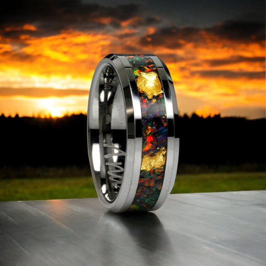 Crushed Black Fire Opal Wedding Band, 24K Gold Leaf, 8mm Tungsten Wedding Band Men & Women, Black Wedding Band For Men Women, Fire Opal Ring