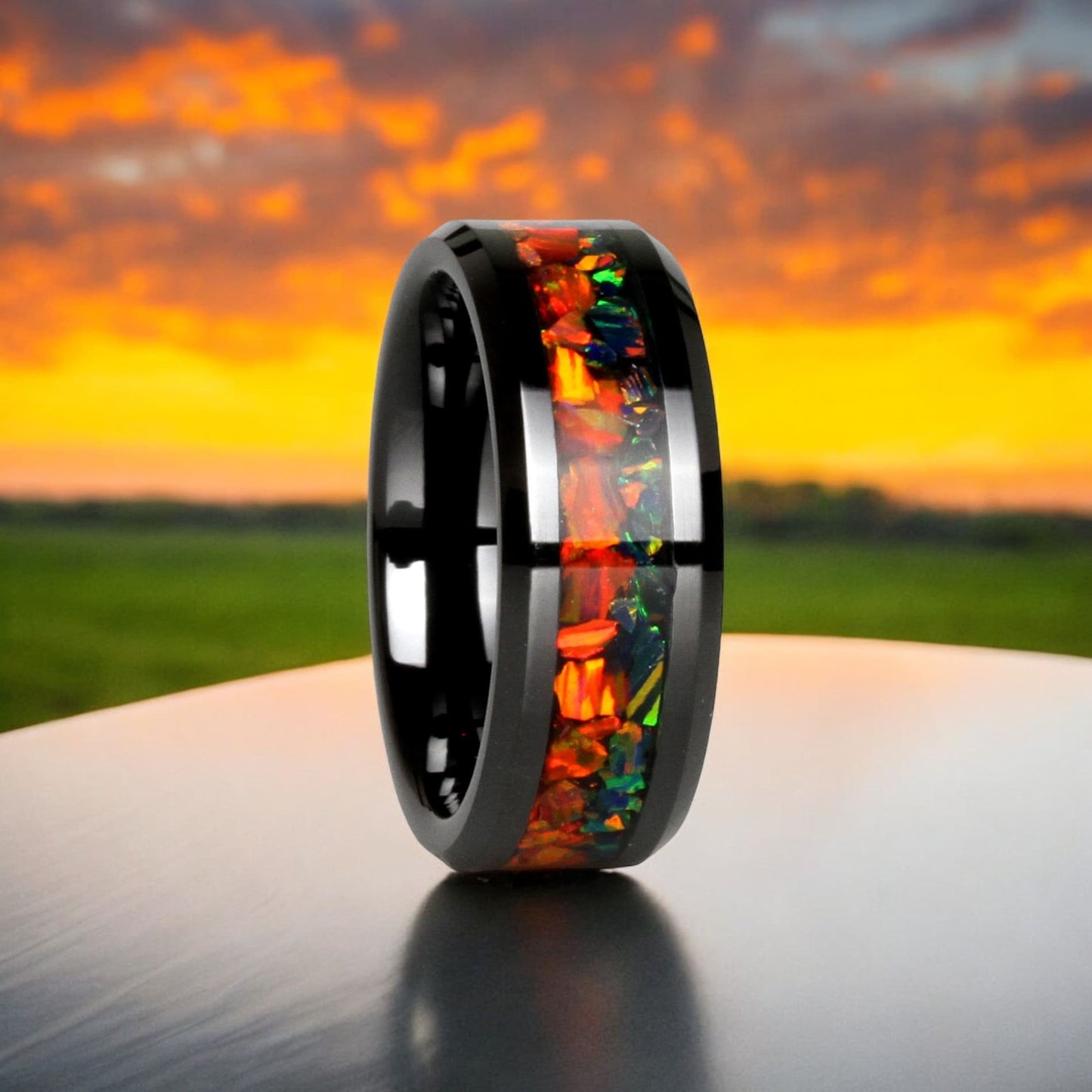 His Or Hers Wedding Band, Orange & Green Fire Opal Inlay Black Ceramic Ring 8mm/6mm, Promise Ring For Couple, Anniversary Gift