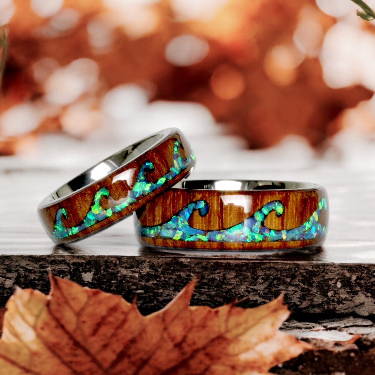 Fire Opal Wedding Band Set His And Hers, Blue Fire Opal Inlay, Wave Pattern Natural Solid Wood Ring, His And Hers Wedding Ring Set