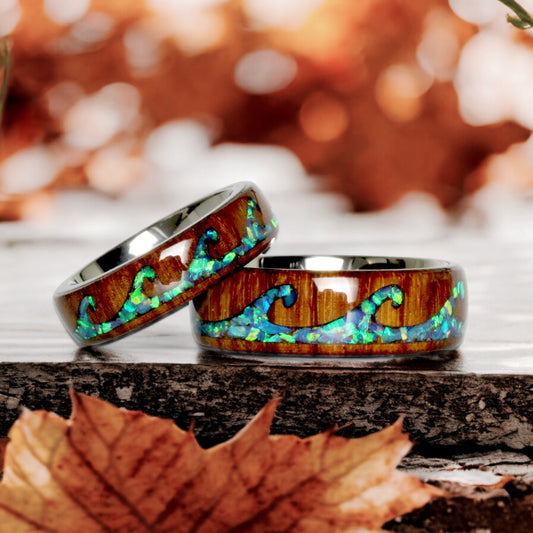 Fire Opal Wedding Band Set His And Hers, Blue Fire Opal Inlay, Wave Pattern Natural Solid Wood Ring, His And Hers Wedding Ring Set