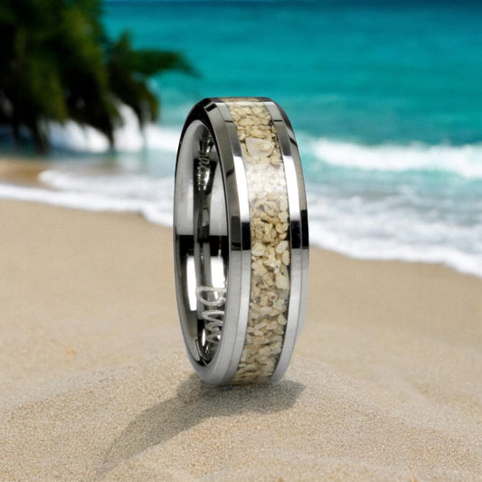 His Or Hers Your Sand Inlay Tungsten Wedding Band, 8mm/6mm Engagement Ring With Your Own Beach Sand, Honeymoon Gift, Anniversary Gift