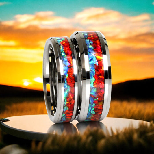His And Hers Tungsten Wedding Band Set, Red & Blue Fire Opal Inlay Tungsten Ring For Men Women, 8mm 6mm,Promise Ring For Couple, Wood Box