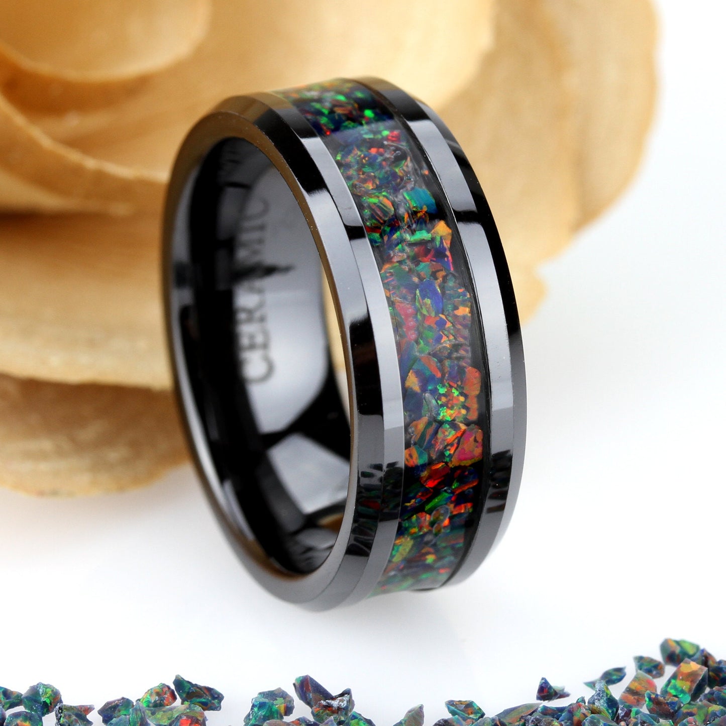 Crushed Black Fire Opal Inlay 8mm Tungsten Wedding Band Men & Women, Black Ceramic Wedding Band For Men Women, Fire Opal Ring, Promise Gift