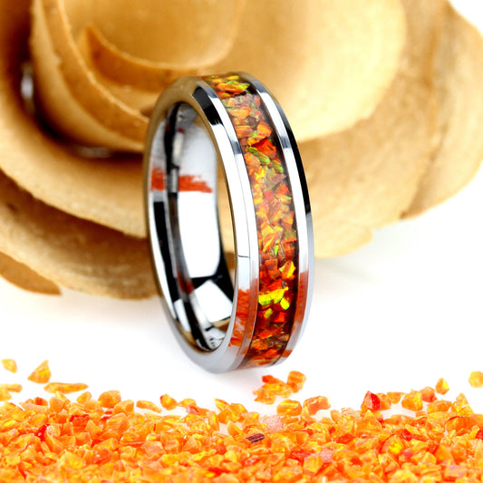 His And Hers Tungsten Wedding Band Set, Fire Opal Inlay Tungsten Ring For Men & Women, 8mm, 6mm,Promise Ring For Couple