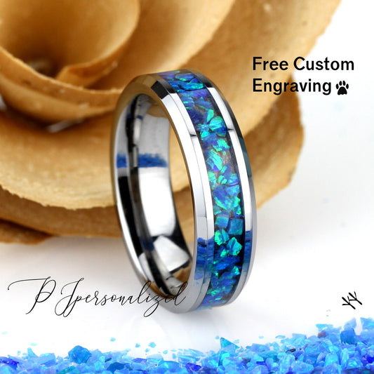 Crushed Blue Fire Opal Inlay 6mm Tungsten Wedding Band, Black Ceramic Wedding Band For Women, Fire Opal Ring Promise Ring, Promise Gift