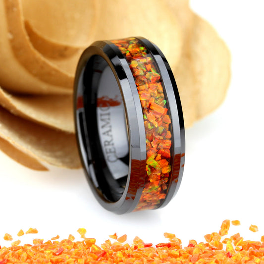 Crushed Fire Opal Inlay 8mm Tungsten Wedding Band Men & Women, Black Ceramic Wedding Band For Men For Women, Fire Opal Ring, Promise Gift