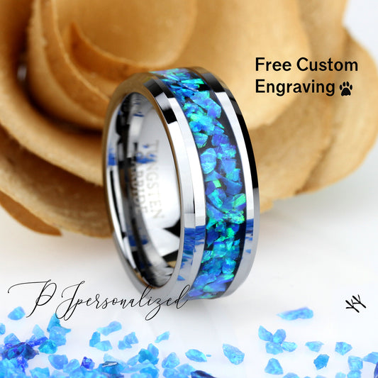 Crushed Blue Fire Opal Inlay 8mm Tungsten Wedding Band Men & Women, Black Ceramic Wedding Band For Men For Women, Opal Ring, Promise Gift