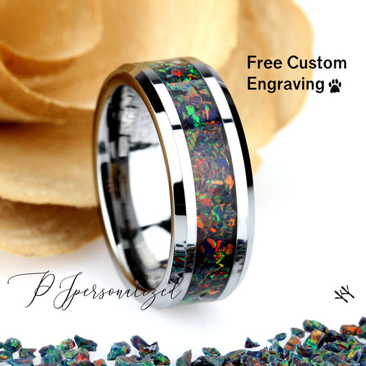 Crushed Black Fire Opal Inlay 8mm Tungsten Wedding Band Men & Women, Black Ceramic Wedding Band For Men Women, Fire Opal Ring, Promise Gift