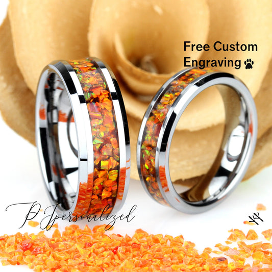 His And Hers Tungsten Wedding Band Set, Fire Opal Inlay Tungsten Ring For Men & Women, 8mm, 6mm,Promise Ring For Couple