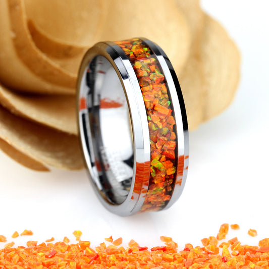 His And Hers Tungsten Wedding Band Set, Fire Opal Inlay Tungsten Ring For Men & Women, 8mm/4mm,Promise Ring For Couple