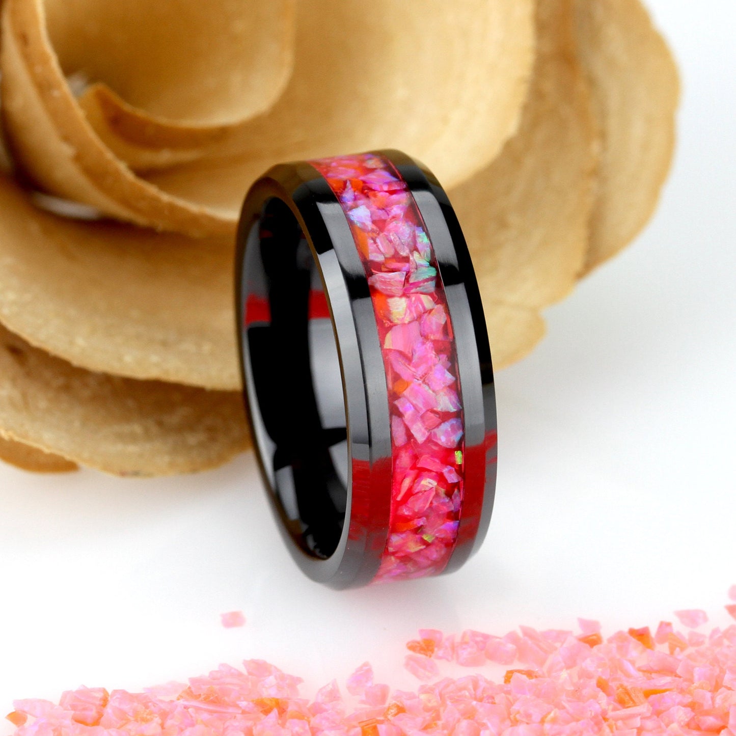 Crushed Pink Fire Opal Inlay 8mm Tungsten Wedding Band Men & Women, Black Ceramic Wedding Band For Men Women, Fire Opal Ring, Promise Gift