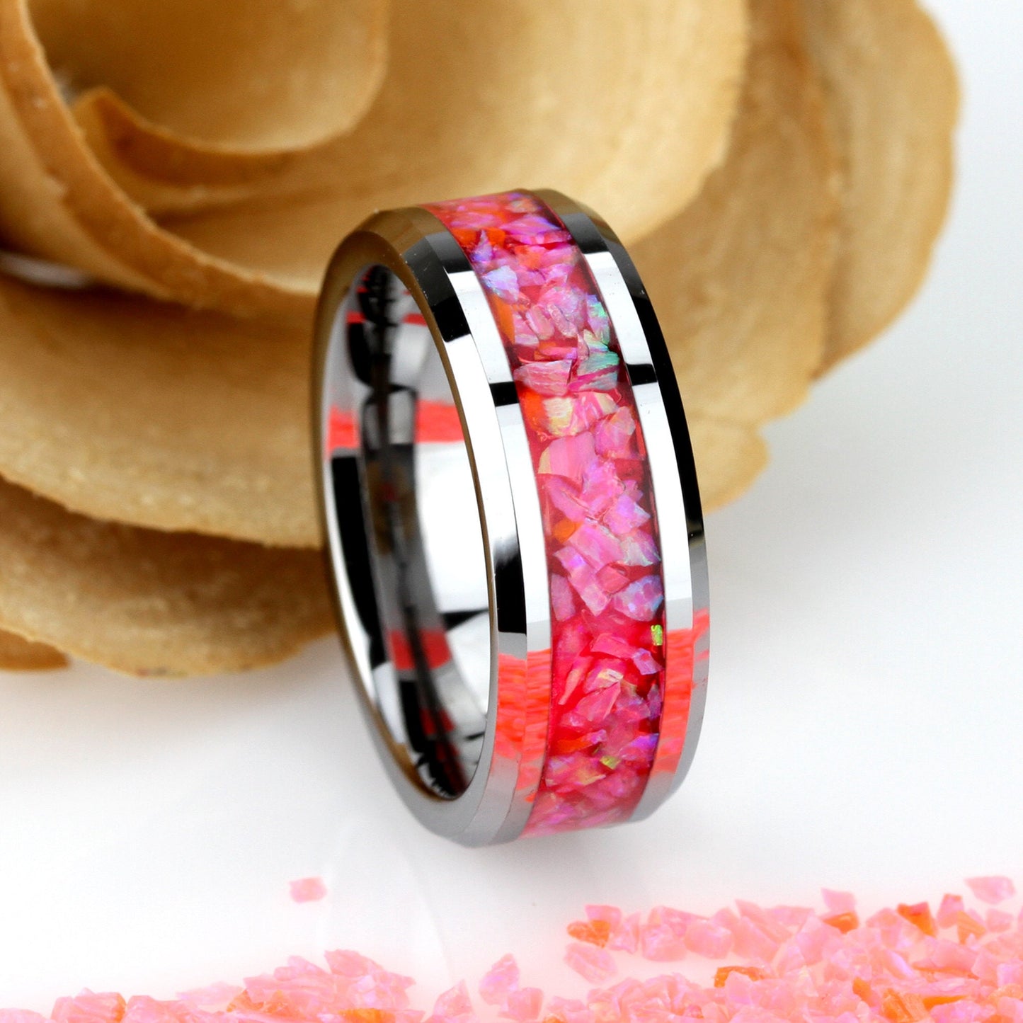 Crushed Pink Fire Opal Inlay 8mm Tungsten Wedding Band Men & Women, Black Ceramic Wedding Band For Men Women, Fire Opal Ring, Promise Gift