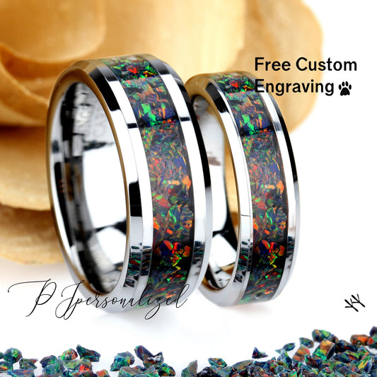 His And Hers Tungsten Wedding Band Set, Black Rainbow Fire Opal Inlay Tungsten Ring For Men & Women, 8mm, 6mm,Promise Ring For Couple