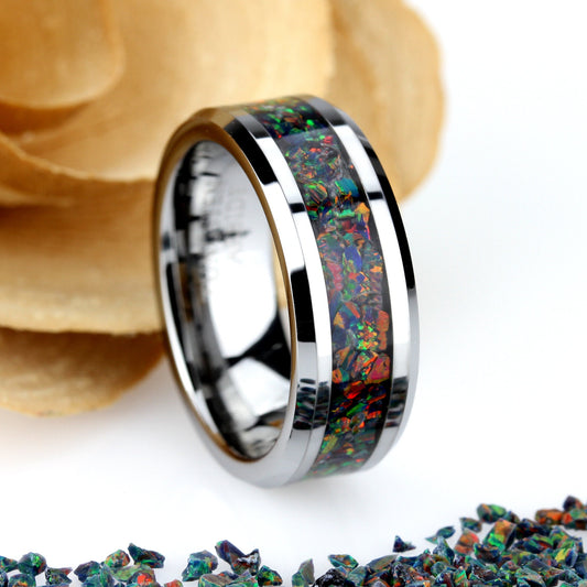 His And Hers Tungsten Wedding Band Set, Black Rainbow Fire Opal Inlay Tungsten Ring For Men & Women, 8mm, 6mm,Promise Ring For Couple