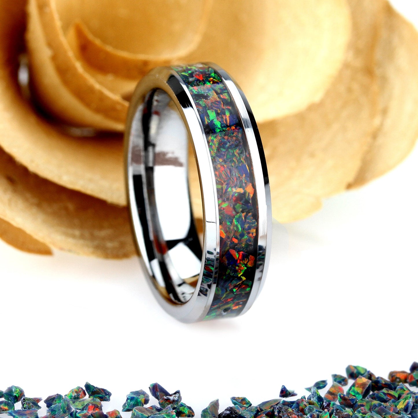 His And Hers Tungsten Wedding Band Set, Black Rainbow Fire Opal Inlay Tungsten Ring For Men & Women, 8mm, 6mm,Promise Ring For Couple