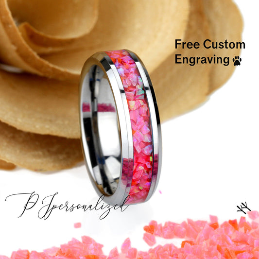 Crushed Pink Fire Opal Inlay 6mm Tungsten Wedding Band, Black Ceramic Ceramic Band For Women, Fire Opal Ring Promise Ring, Promise Gift