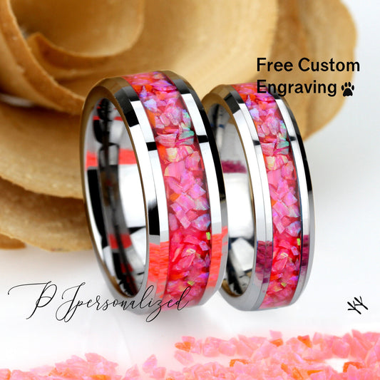 His And Hers Tungsten Wedding Band Set, Pink Fire Opal Inlay Tungsten Ring For Men & Women, 8mm, 6mm,Promise Ring For Couple, Promise Gift